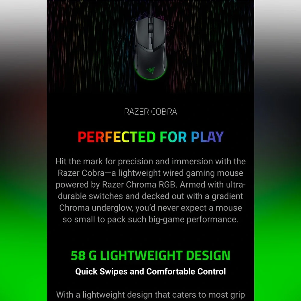 Razer Cobra Gaming Mouse Customizable - lightweight design. Black and Green